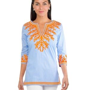 Gretchen Scott Tunic The Reef Embroidered Top Blue Sea Coral Stripe Medium *FLAW